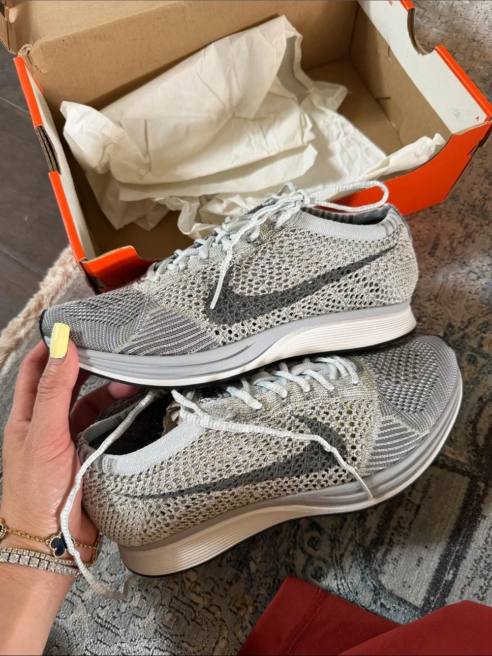 Nike Women's Flyknit Racer Running Shoes - Light Gray/White